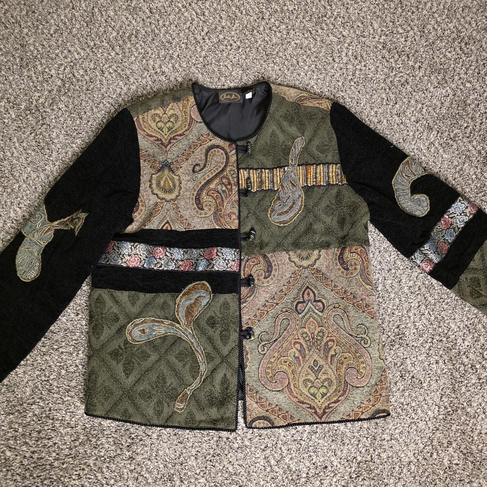 Julia Lin Jacket Womens Large Multicolor Paisley Boho Embroidered Lined Toggle